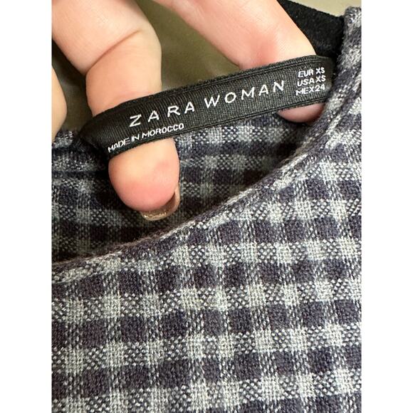 Zara Gingham Long Sleeve Grey Black Gingham Print Ruffle Hi Lo Blouse Size XS - Picture 6 of 6